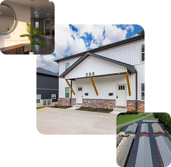 Apex Professional Construction projects — interior lobby, custom home, and storage facility in Central Arkansas